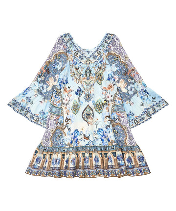 Camilla Kids A-Line Gathered Dress (Style Code: 00032536) featuring an Al Manial Palace-inspired print in blue, gold, and white. This bohemian-style dress has flared sleeves, intricate floral and geometric motifs, and ruffle detailing at the hem. Perfect for special occasions or casual wear, made from lightweight, breathable fabric for comfort and style.