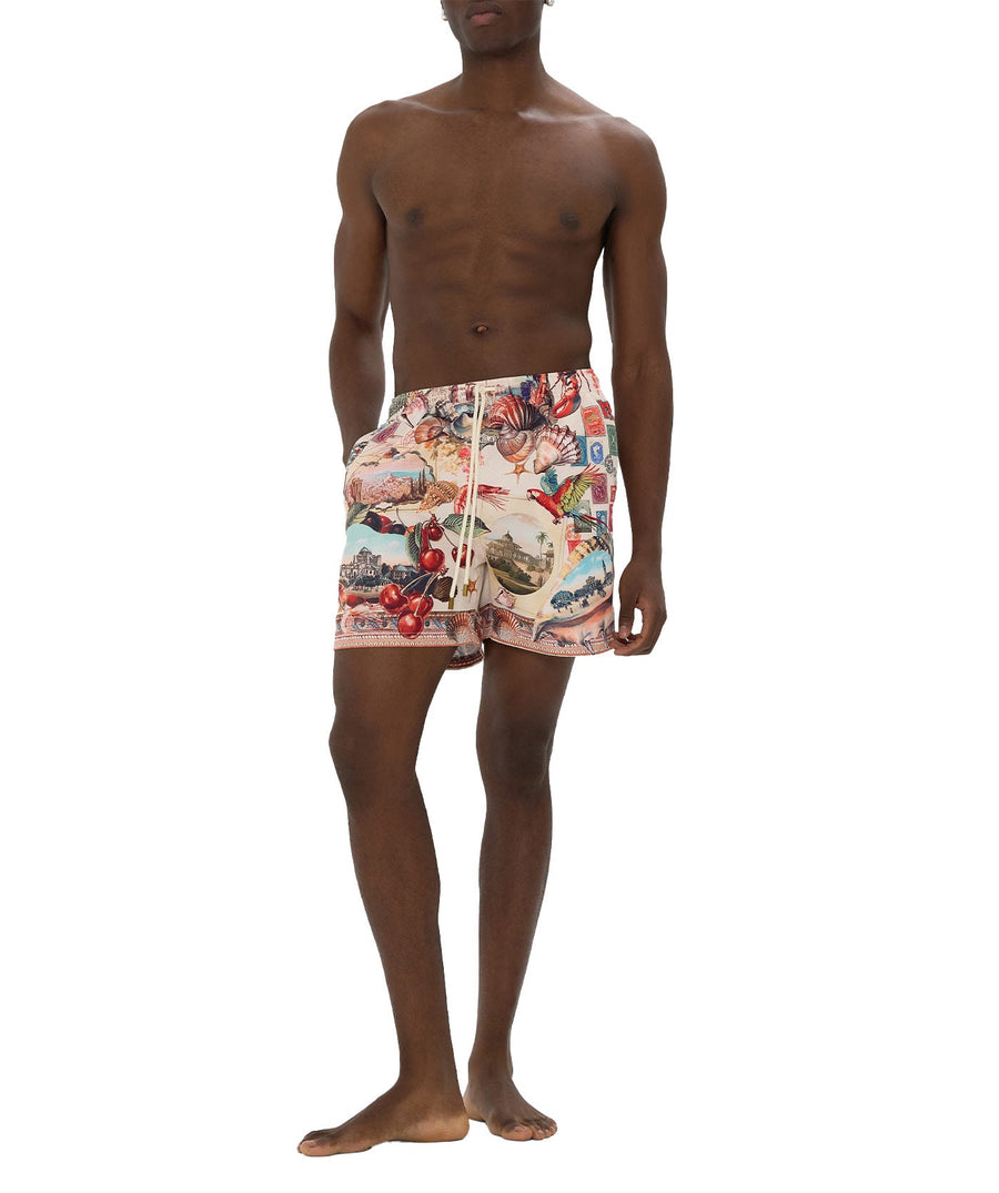 The CAMILLA Notes From The Road Boardshort 00037066 features bold prints, adjustable drawcord, and quick-dry fabric—perfect for stylish days by the water.