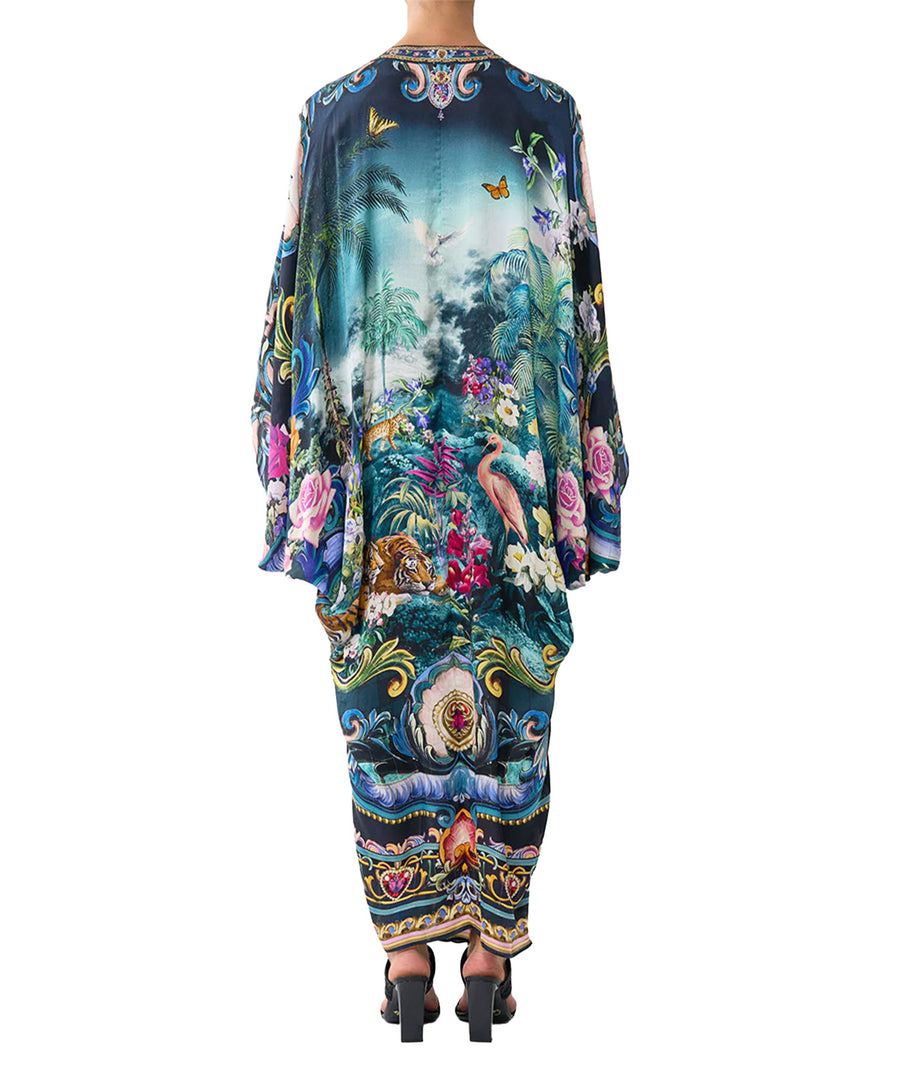 Embrace luxury in the CAMILLA Basked In Baroque Long Kaftan 00037787, featuring ornate baroque prints, flowing silk, and a relaxed, elegant silhouette.