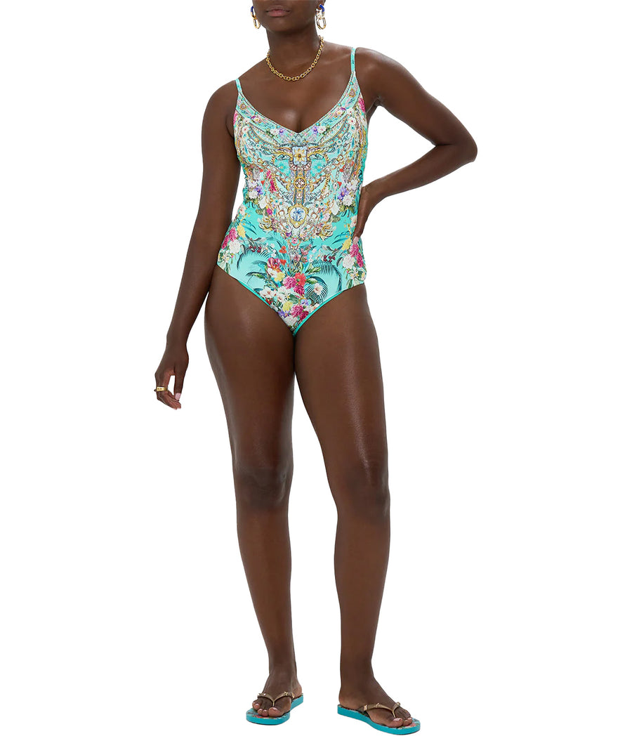 CAMILLA Gardens Of Queluz One Piece Swimsuit 00034107 – Elegant one-piece swimsuit featuring a baroque garden-inspired print, flattering silhouette, and luxe fabric