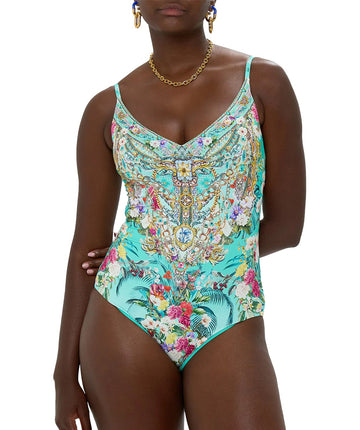 CAMILLA Gardens Of Queluz One Piece Swimsuit 00034107 – Elegant one-piece swimsuit featuring a baroque garden-inspired print, flattering silhouette, and luxe fabric