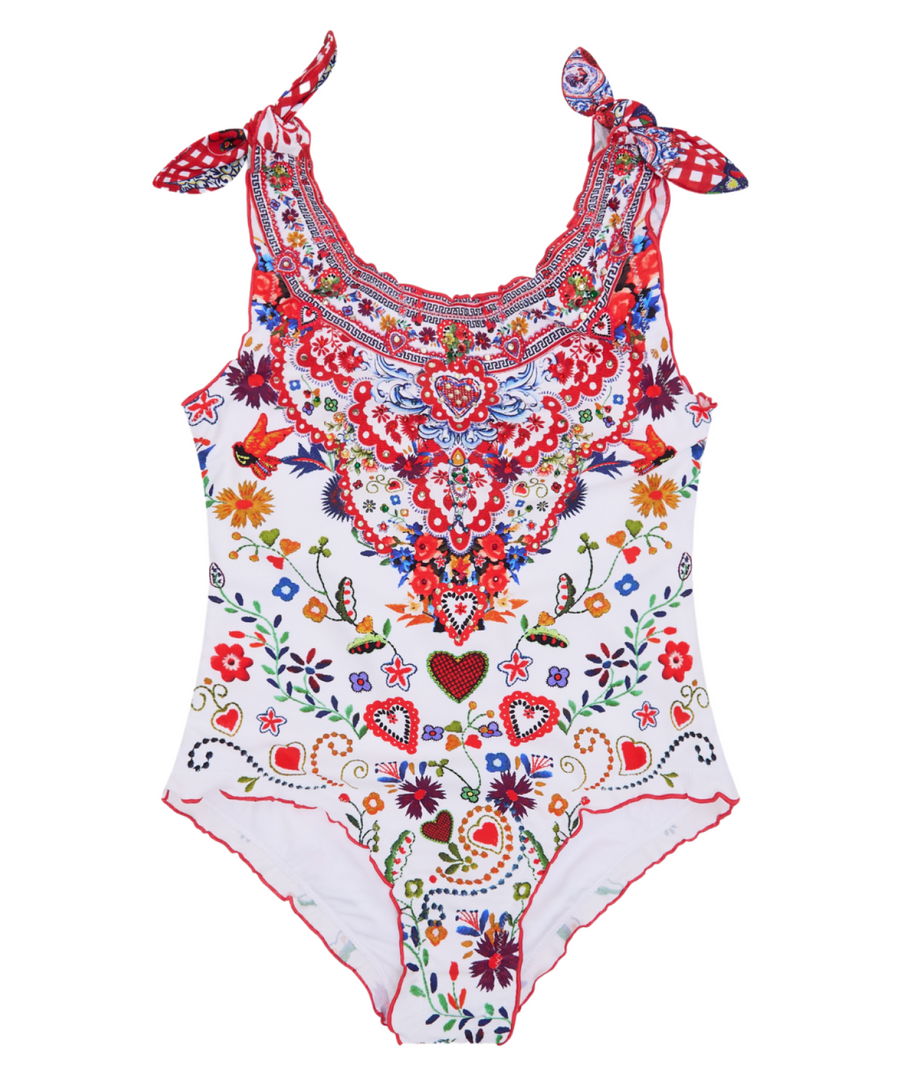 CAMILLA Faith, Luck & Justice One Piece Swimsuit 00034363 – A striking one-piece swimsuit featuring a bold symbolic print, flattering fit, and luxe, comfortable fabric