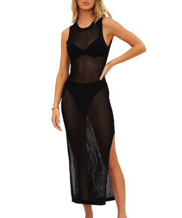 Stylish open-knit midi featuring side slits and an open-back detail. Made from a soft cotton-poly blend for a breathable, flattering resort-ready look.