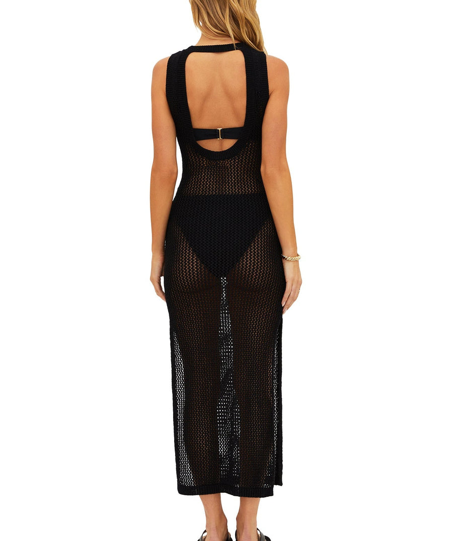 Stylish open-knit midi featuring side slits and an open-back detail. Made from a soft cotton-poly blend for a breathable, flattering resort-ready look.