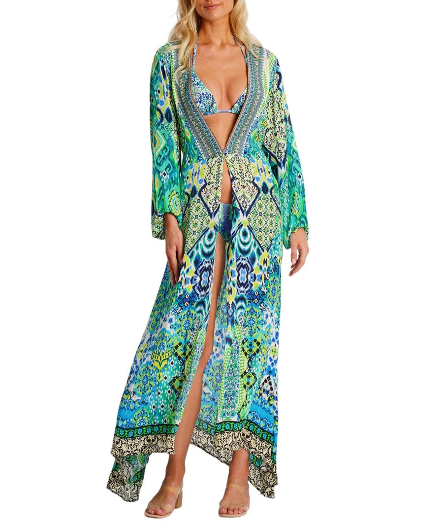 LA MODA Nile River Long Cape 25008 BC – A stylish and flowing long cape featuring a vibrant design, lightweight fabric, and an elegant drape, perfect for layering and resort wear