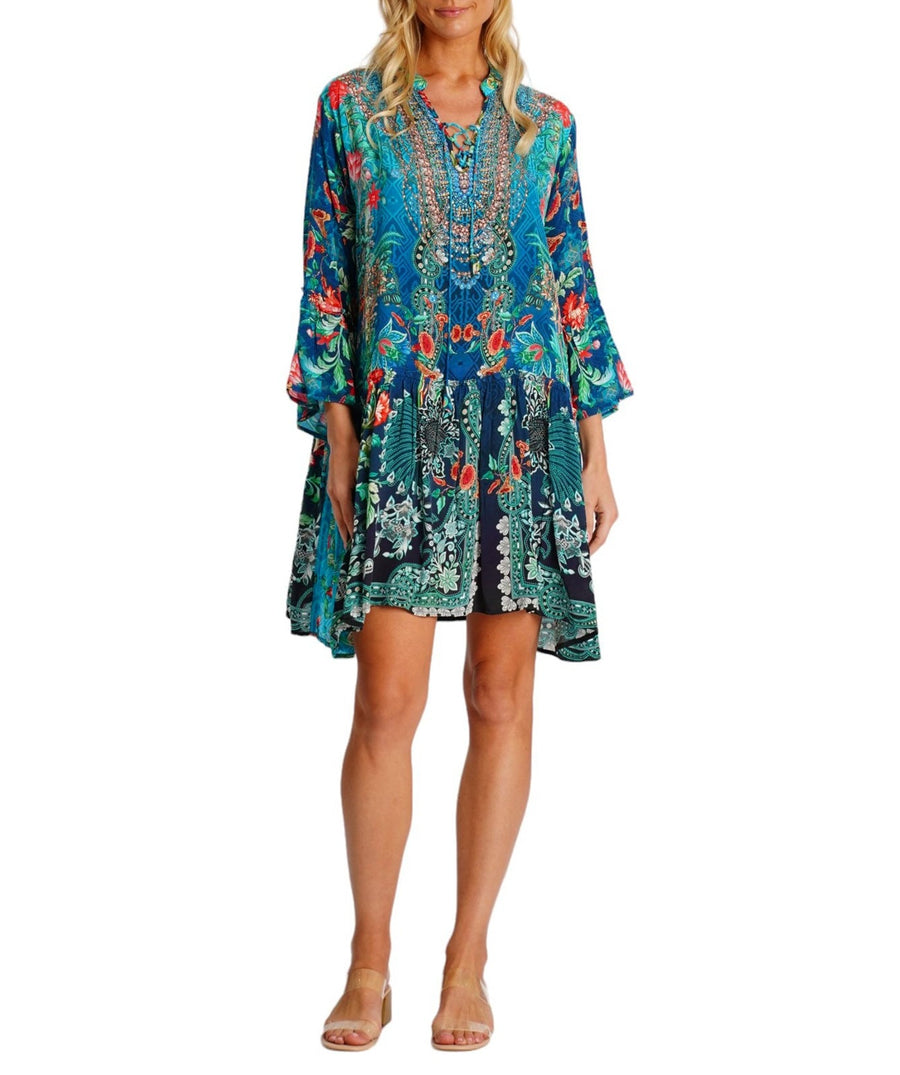 LA MODA Tropical Island Mid-Length Dress 25021 SM – A vibrant and breezy mid-length dress with a tropical print, lightweight fabric, and a flattering silhouette, perfect for warm-weather outings and resort wear