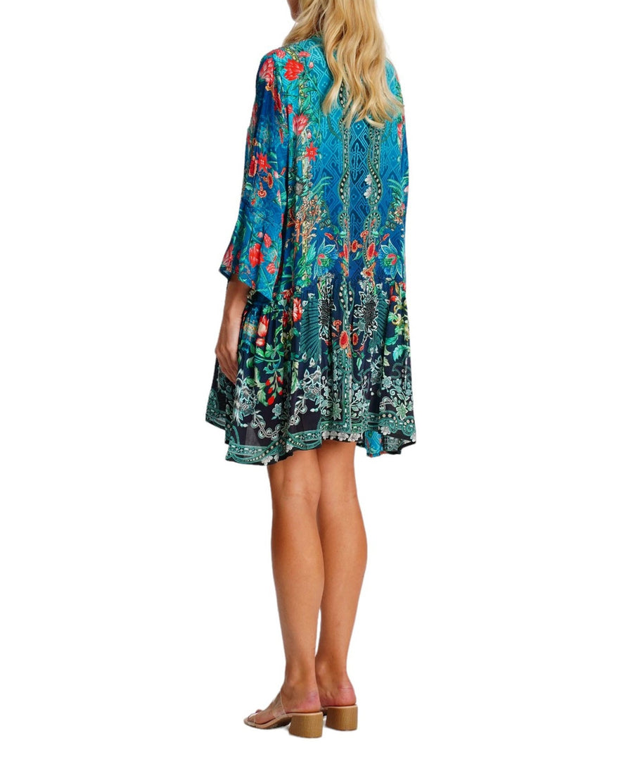 LA MODA Tropical Island Mid-Length Dress 25021 SM – A vibrant and breezy mid-length dress with a tropical print, lightweight fabric, and a flattering silhouette, perfect for warm-weather outings and resort wear