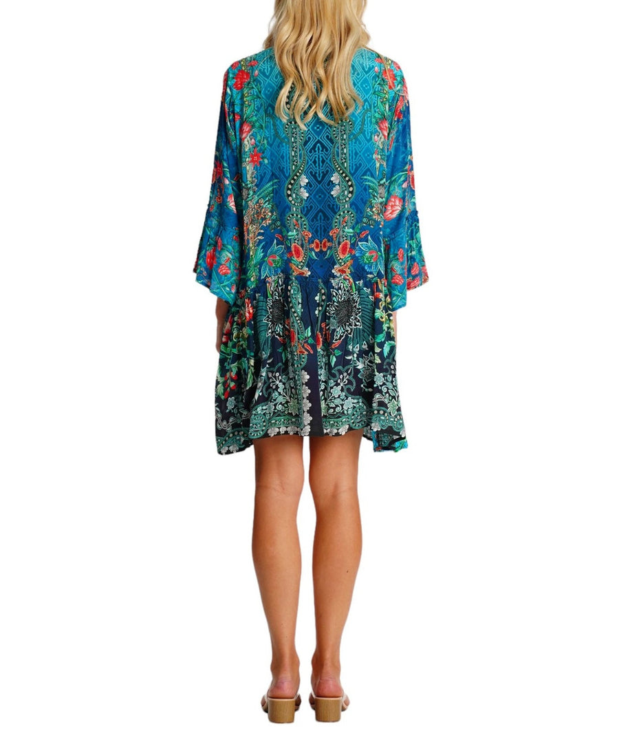 LA MODA Tropical Island Mid-Length Dress 25021 SM – A vibrant and breezy mid-length dress with a tropical print, lightweight fabric, and a flattering silhouette, perfect for warm-weather outings and resort wear