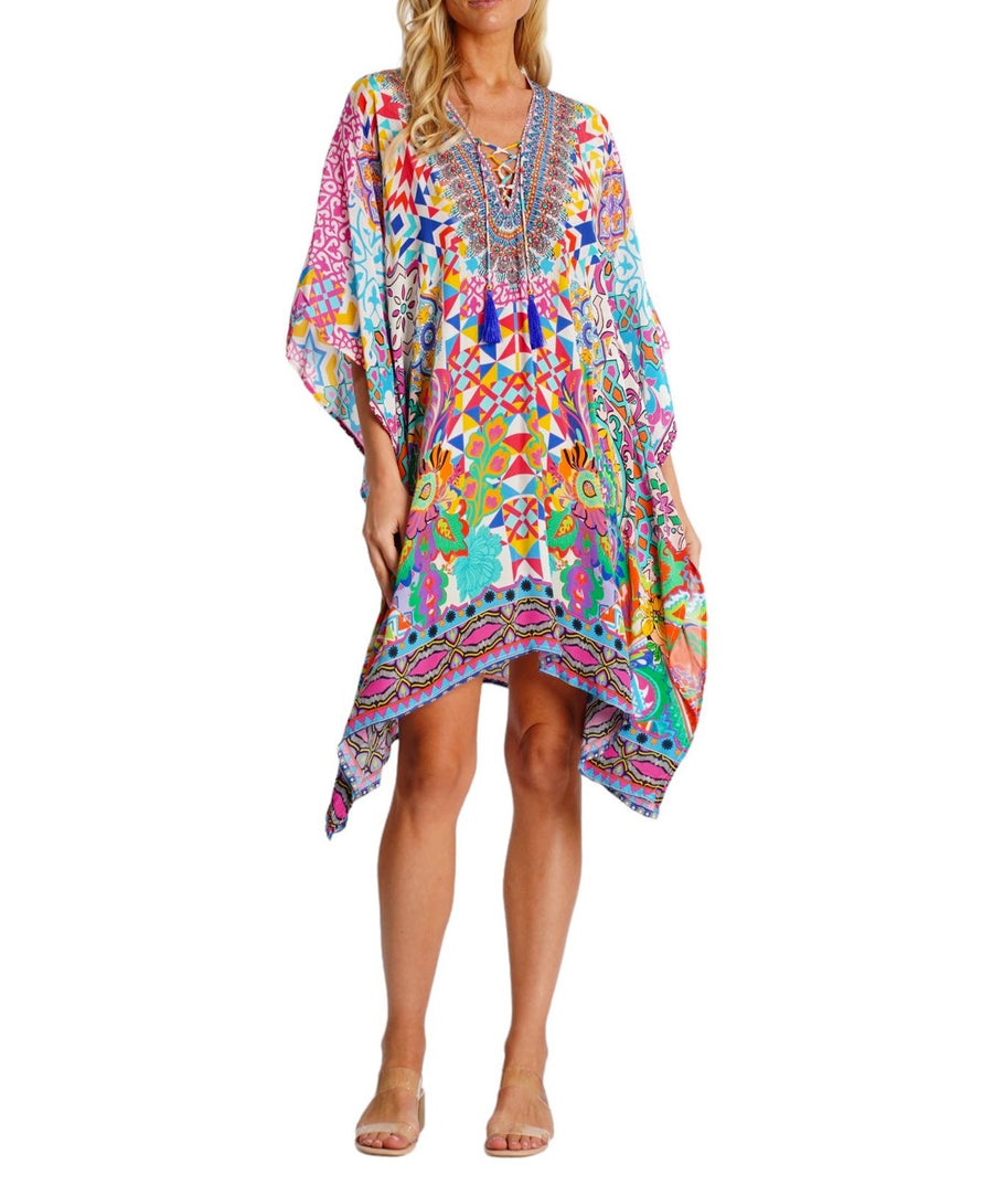 LA MODA Psychedelic Pattern Regular Kaftan 25033 RK – A stylish and flowing kaftan with a bold psychedelic print, lightweight fabric, and a relaxed fit, perfect for resort wear and effortless elegance
