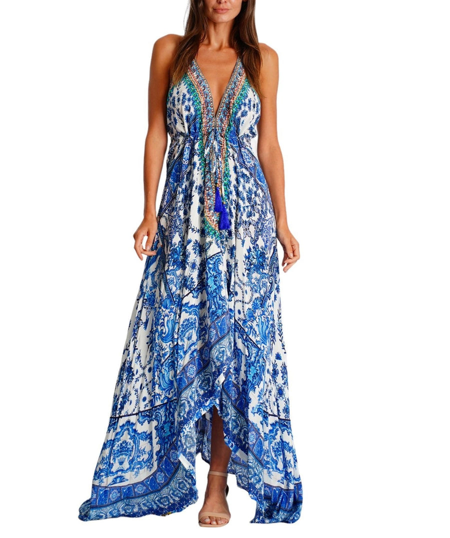 LA MODA Cleopatra Maxi Halter High Low Dress 25034 MXD – A stunning maxi dress with a halter neckline, high-low hem, and elegant Cleopatra-inspired design, perfect for resort wear and special occasions