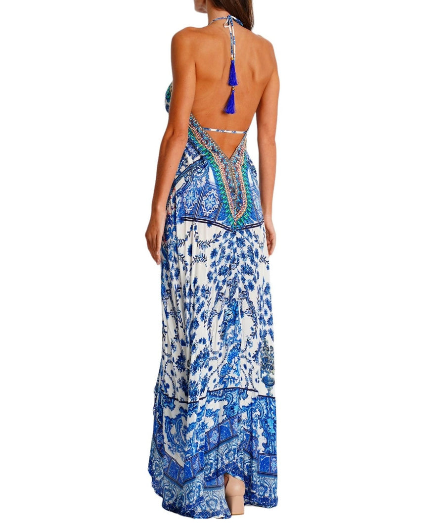 LA MODA Cleopatra Maxi Halter High Low Dress 25034 MXD – A stunning maxi dress with a halter neckline, high-low hem, and elegant Cleopatra-inspired design, perfect for resort wear and special occasions