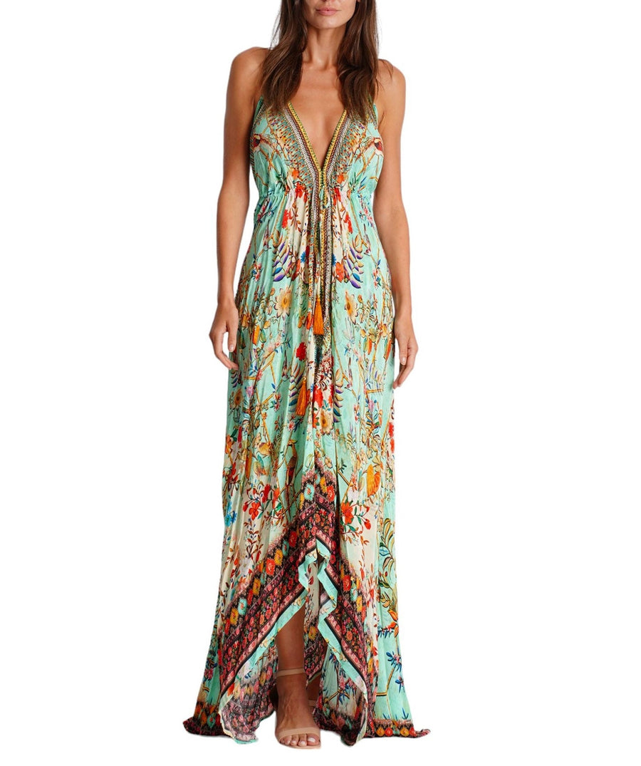 LA MODA Tropical Diva Maxi Halter High Low Dress 25039 MXD – A stunning maxi dress with a halter neckline, high-low hem, and a bold tropical print, perfect for resort wear and elegant summer styling