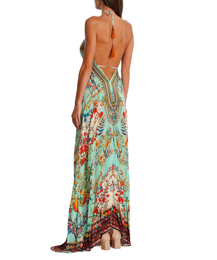LA MODA Tropical Diva Maxi Halter High Low Dress 25039 MXD – A stunning maxi dress with a halter neckline, high-low hem, and a bold tropical print, perfect for resort wear and elegant summer styling