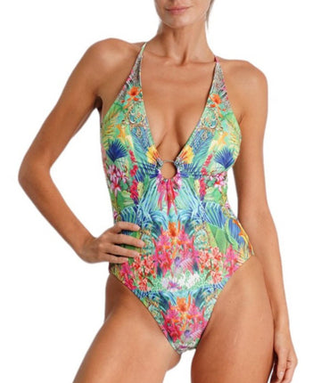 Chic Tropic Garden one piece featuring a vibrant multicolor pattern, adjustable neck and back ties, and a sleek, sexy silhouette for summer style.