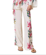 Linen Blend Trousers With Floral Print