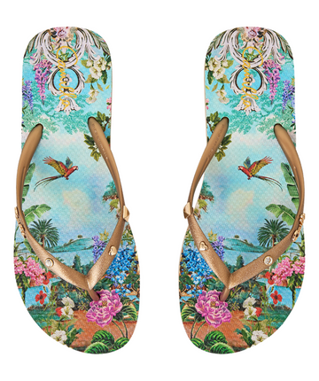 CAMILLA Gardens Of Queluz Thongs 00034235 – Elegant thongs featuring the ornate Gardens Of Queluz print, crafted with luxe fabric for stylish and comfortable wear