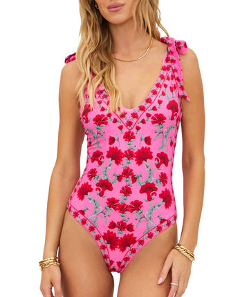 Vibrant Redwood Floral swimsuit with tie straps, V-neckline, scoop back, and moderate coverage. Soft double-lined fabric offers comfort and a sleek silhouette.