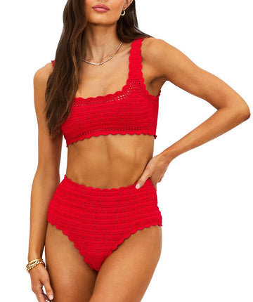 Ruby-red crochet set featuring a cropped square-neck top and high-waist bottoms with scalloped edges. Fully lined, feminine, and vintage-inspired for chic wear.