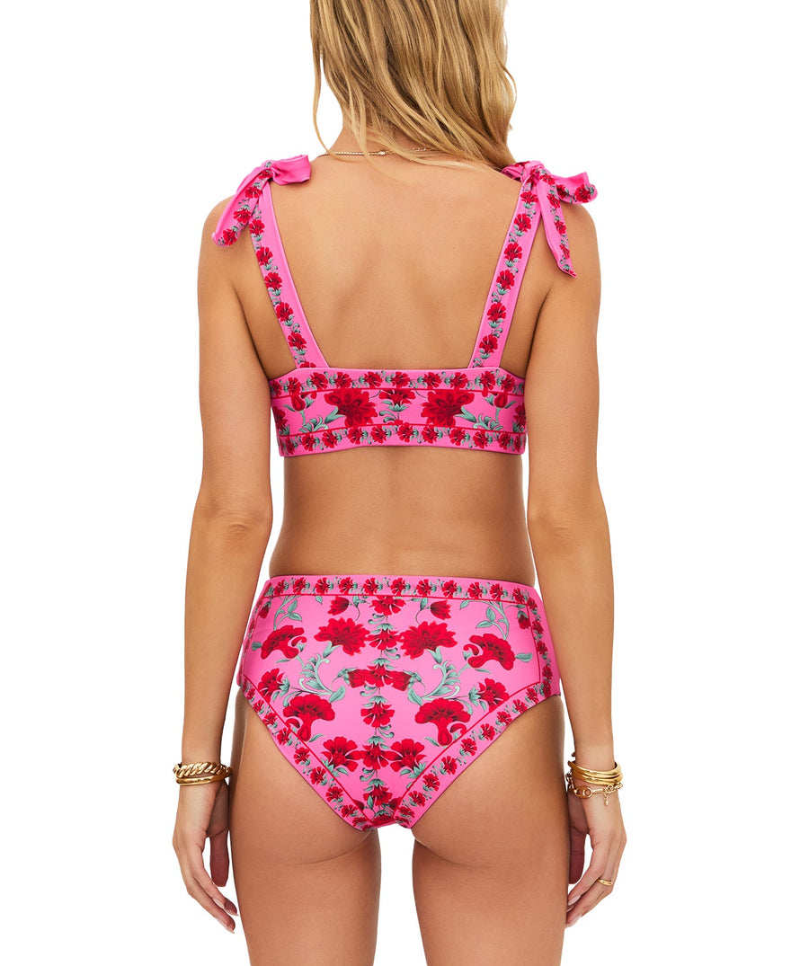 Adjustable scoop-neck top with medium support and soft stretch fabric. Mid-rise, moderate-coverage bottoms in vibrant Redwood Floral for a flattering look.