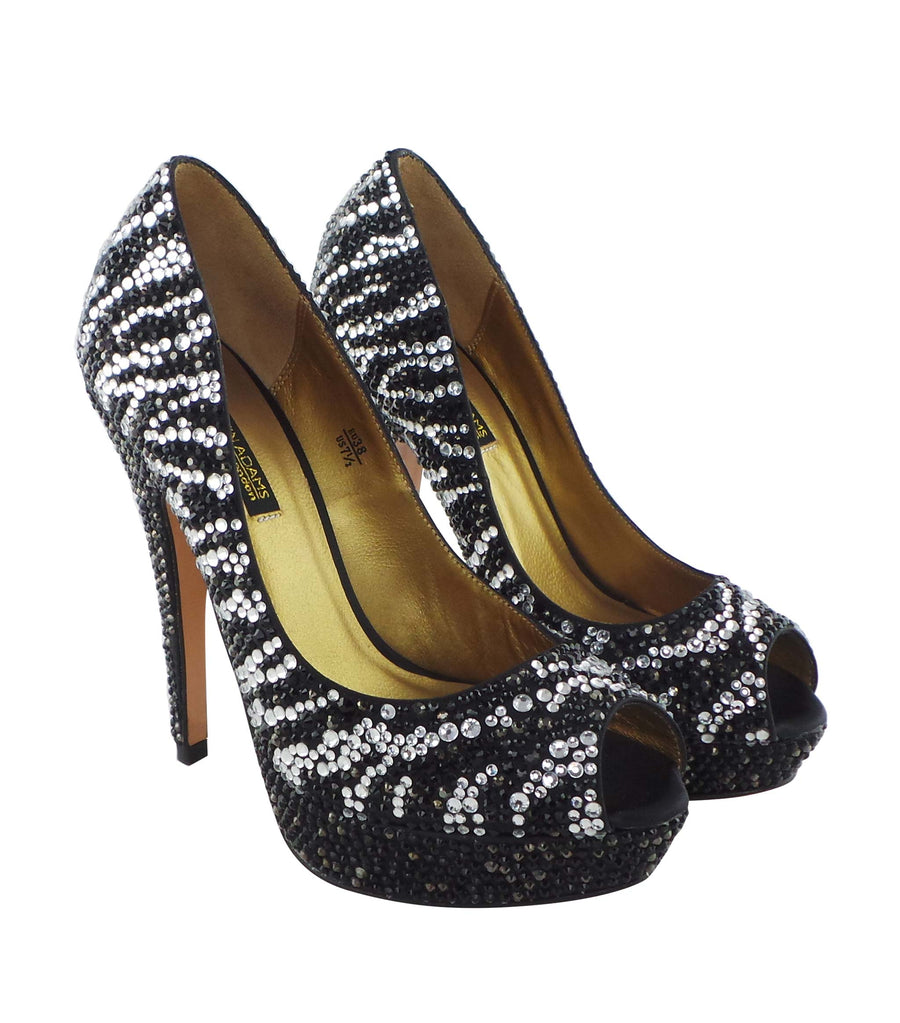 Benjamin Adams Santiago zebra jewel-encrusted peep-toe platforms. Bold, stylish, and perfect for any occasion