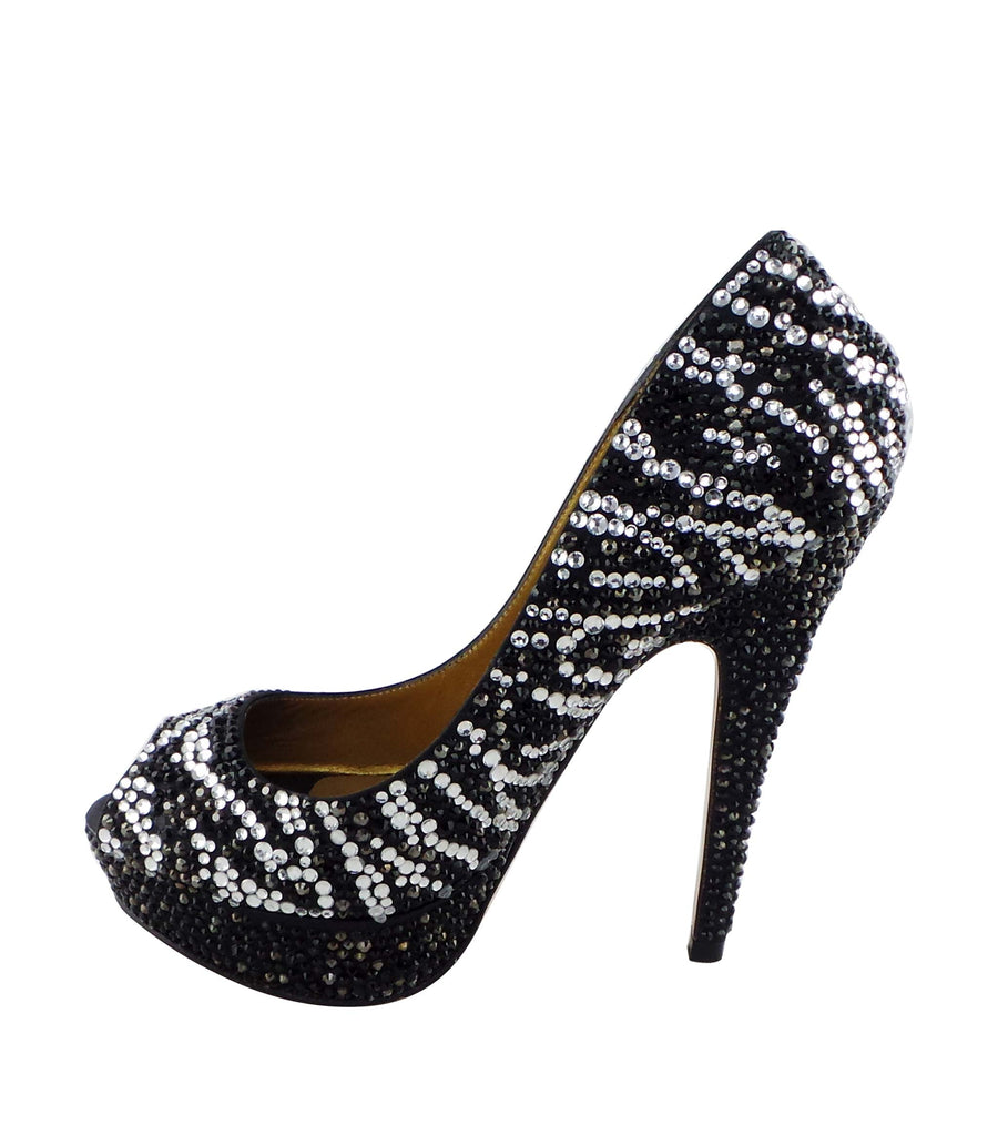 Benjamin Adams Santiago zebra jewel-encrusted peep-toe platforms. Bold, stylish, and perfect for any occasion
