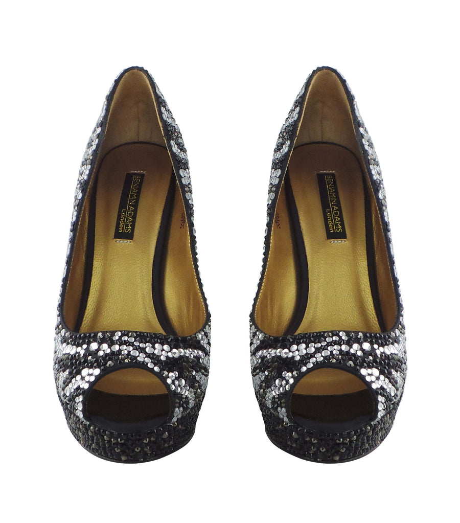Benjamin Adams Santiago zebra jewel-encrusted peep-toe platforms. Bold, stylish, and perfect for any occasion