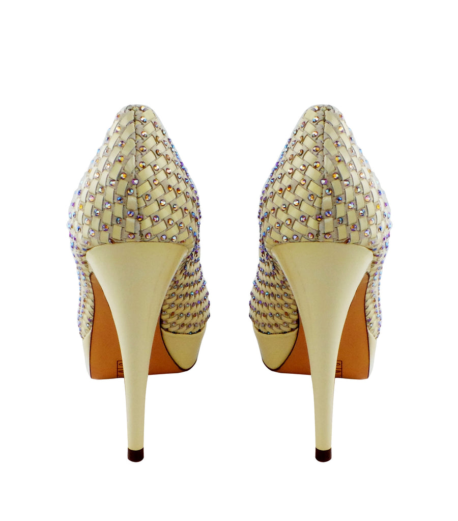 Benjamin Adams Cadiz Platforms in nude. Featuring woven suede and patent leather for a timeless, versatile look.