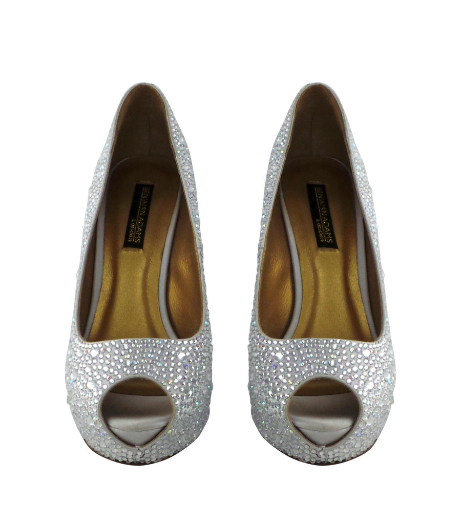 Benjamin Adams Cali Jewel Encrusted Peep Toe Wedges in silver. Perfect for weddings &amp; formal events.
