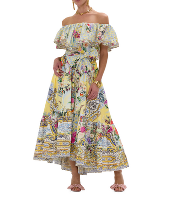 CAMILLA Flor Fantástica Long Frill Dress 00033223 – A statement long dress featuring layered frills, ornate Flor Fantástica print, and signature CAMILLA embellishments.