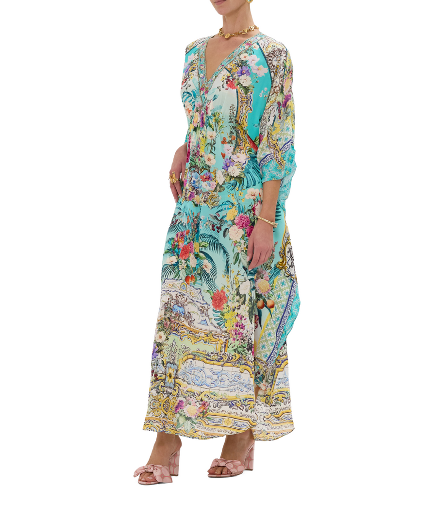CAMILLA Gardens Of Queluz Long Kaftan 00033593 – A luxurious long kaftan showcasing an opulent garden-inspired print, flowing silhouette, and elegant crystal details.