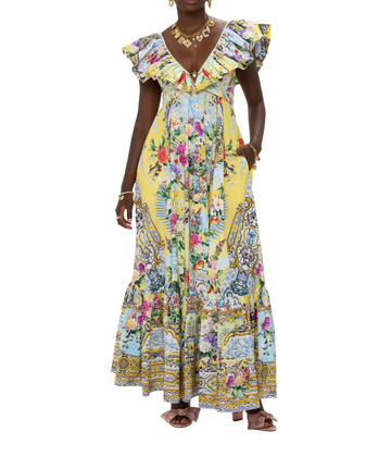CAMILLA Flor Fantástica Long Frill Dress 00033638 – A statement long dress featuring layered frills, ornate Flor Fantástica print, and signature CAMILLA embellishments.