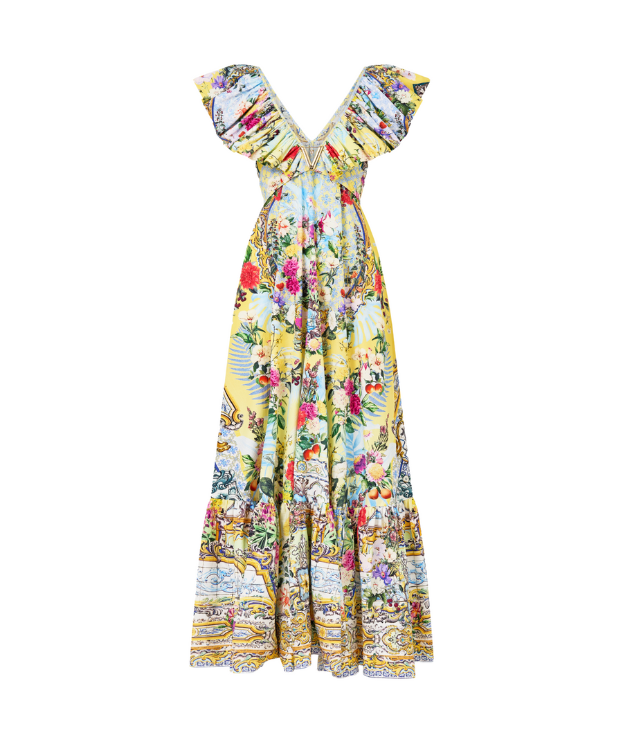 CAMILLA Flor Fantástica Long Frill Dress 00033638 – A statement long dress featuring layered frills, ornate Flor Fantástica print, and signature CAMILLA embellishments.
