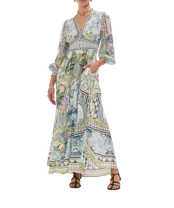 CAMILLA Jardim Party Long Dress 00033708 – A striking long dress adorned with the vivid Jardim Party print, luxurious embellishments, and a graceful flowing design