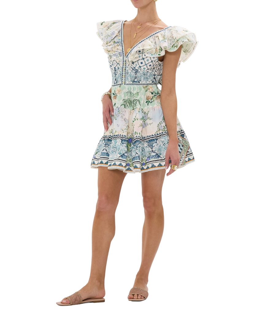 CAMILLA Jardim Party Short Dress 00033713 – A vibrant short dress with the lively Jardim Party print, intricate embellishments, and a playful, feminine silhouette.