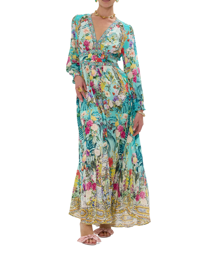 CAMILLA Gardens Of Queluz Long Dress 00034235 – An elegant long dress with a regal garden-inspired print, flowing silhouette, and luxurious fabric for timeless style