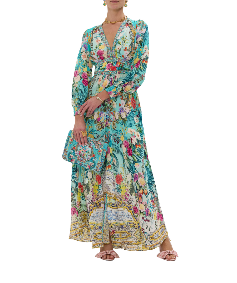 CAMILLA Gardens Of Queluz Long Dress 00034235 – An elegant long dress with a regal garden-inspired print, flowing silhouette, and luxurious fabric for timeless style