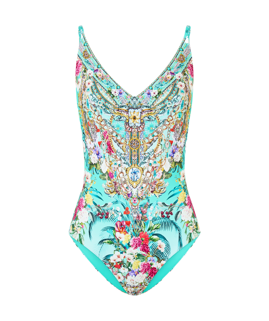 CAMILLA Gardens Of Queluz One Piece Swimsuit 00034107 – Elegant one-piece swimsuit featuring a baroque garden-inspired print, flattering silhouette, and luxe fabric