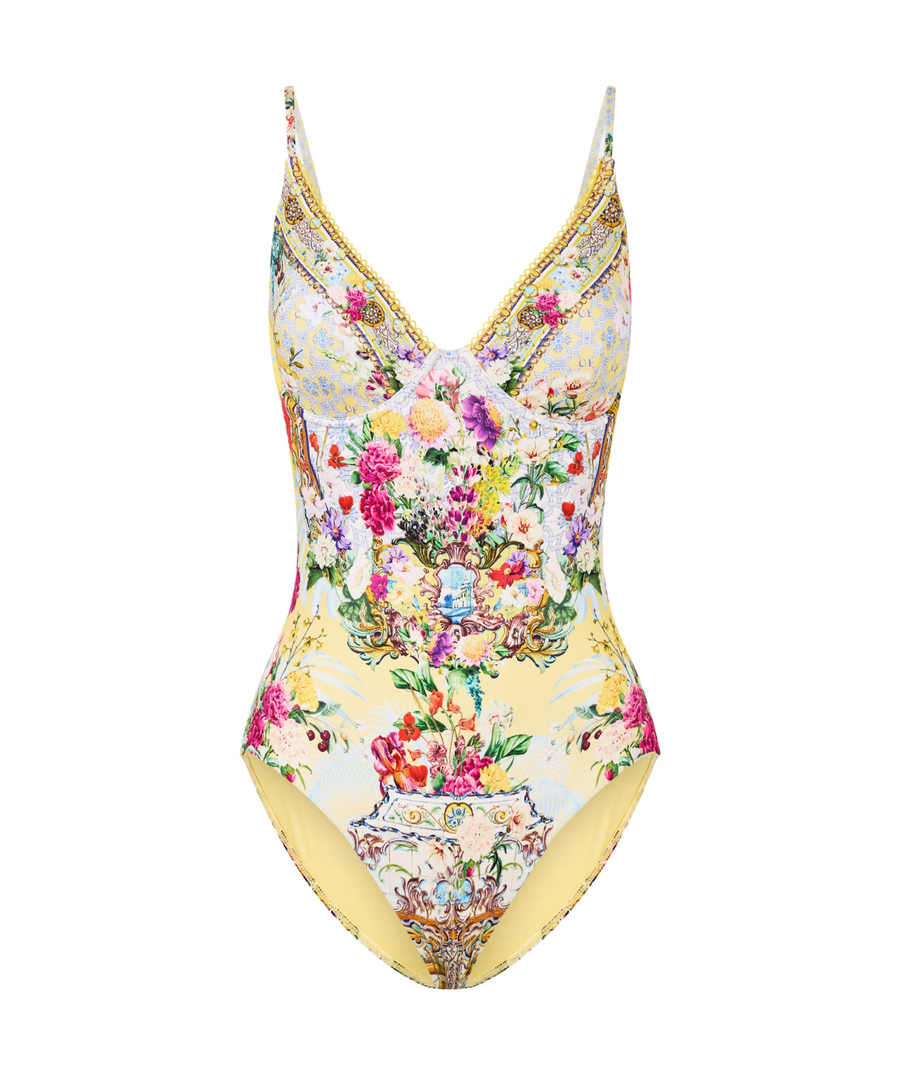 CAMILLA Flor Fantástica One Piece Swimsuit 00034204 – A luxurious one-piece swimsuit adorned with the vivid Flor Fantástica print, featuring elegant cuts and artisanal details.