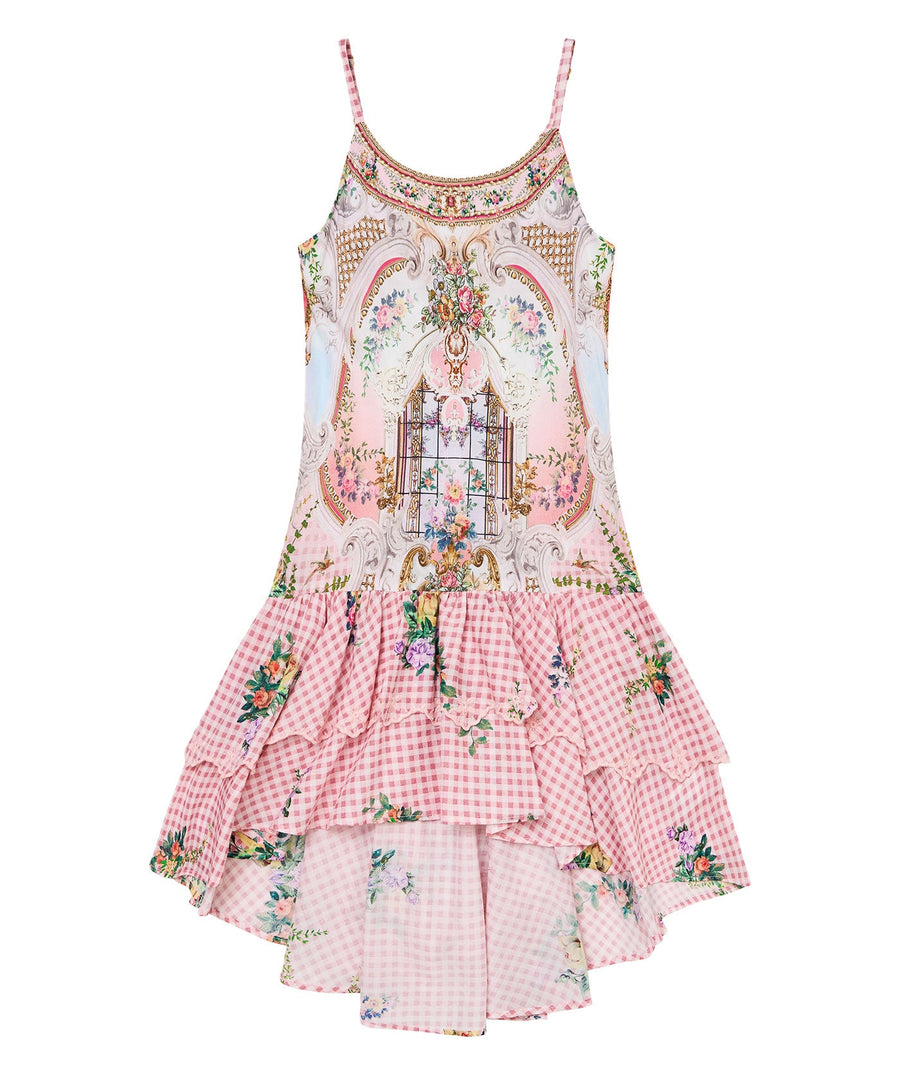 CAMILLA Lisbon Lullaby Kids Tiered High Low Dress 00034331 – A vibrant dress with a tiered high-low design, featuring the playful Lisbon Lullaby print for stylish flair