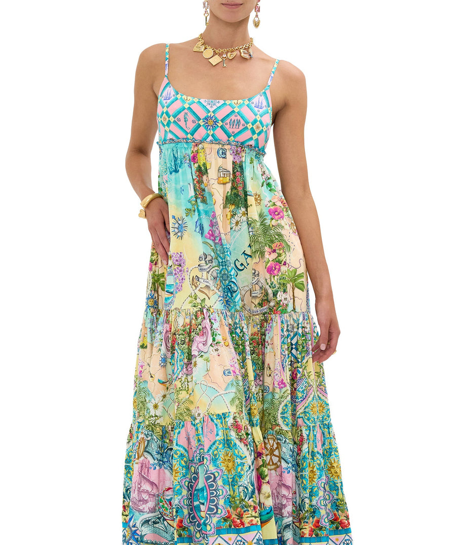 Flow effortlessly in the CAMILLA Just Coasting Long Dress 00035359, featuring ocean-inspired prints, luxe silk, and a relaxed silhouette for timeless elegance.