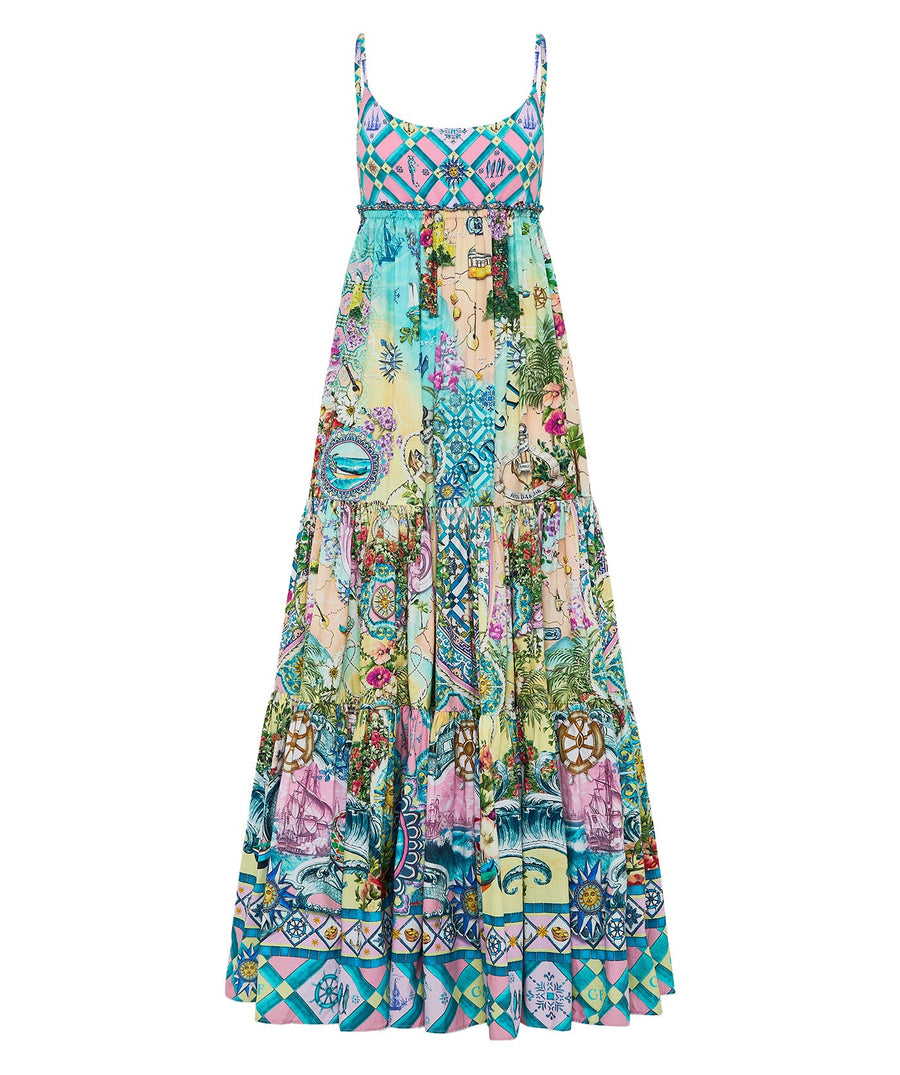 Flow effortlessly in the CAMILLA Just Coasting Long Dress 00035359, featuring ocean-inspired prints, luxe silk, and a relaxed silhouette for timeless elegance.