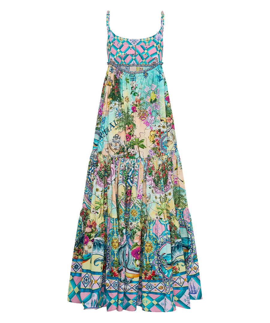 Flow effortlessly in the CAMILLA Just Coasting Long Dress 00035359, featuring ocean-inspired prints, luxe silk, and a relaxed silhouette for timeless elegance.