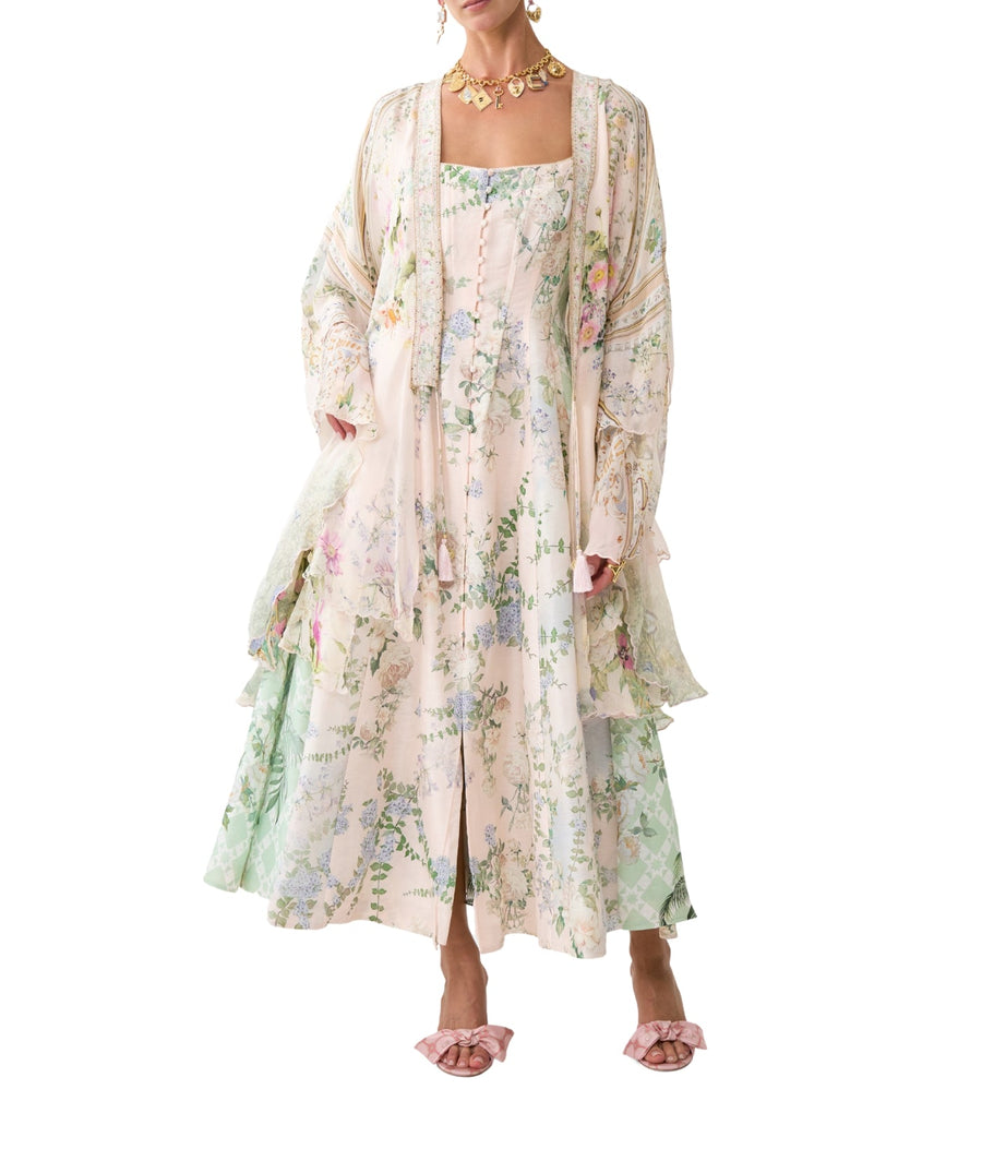 CAMILLA Palacio Playground Long Robe 00036034 showcases luxurious printed silk, a relaxed silhouette, and waist tie for an elegant, resort-ready layering piece.