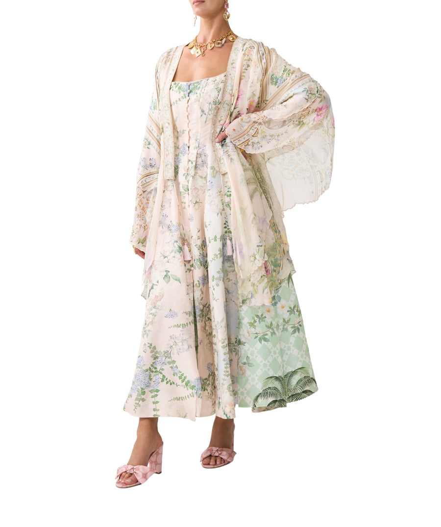 CAMILLA Palacio Playground Long Robe 00036034 showcases luxurious printed silk, a relaxed silhouette, and waist tie for an elegant, resort-ready layering piece.