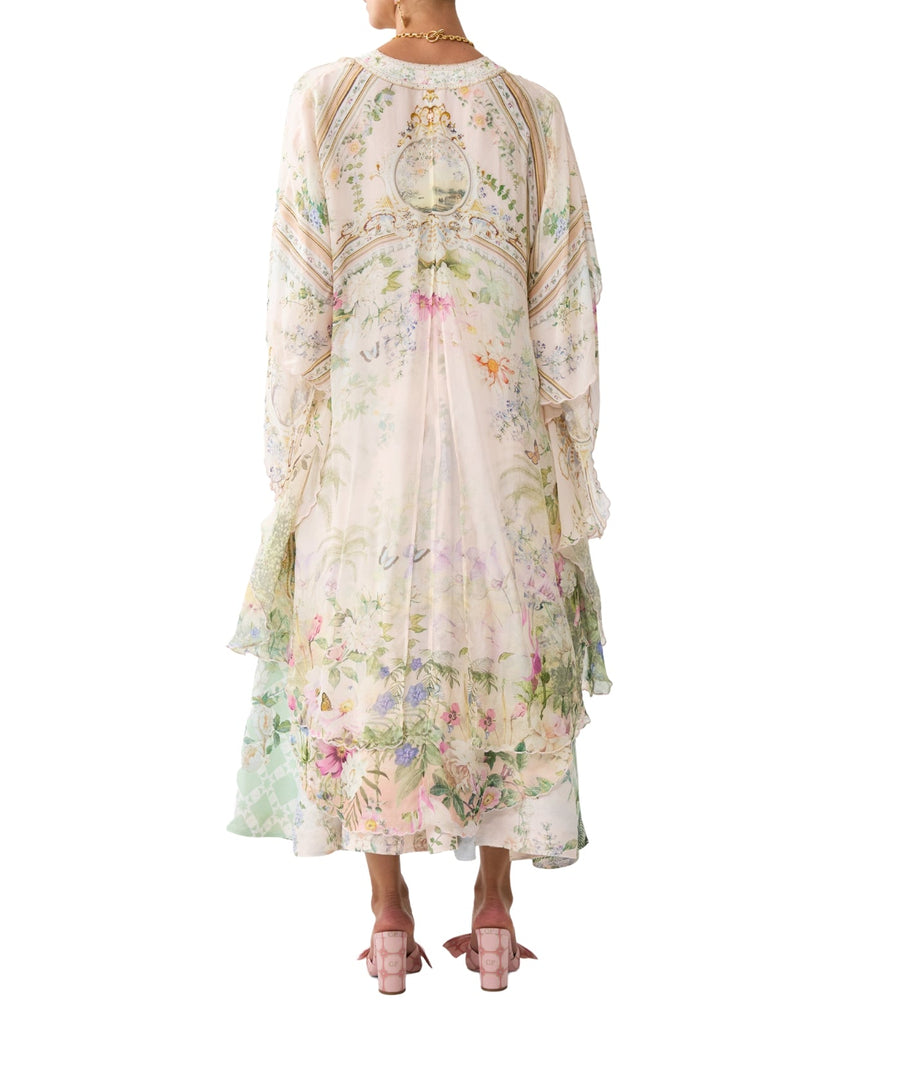 CAMILLA Palacio Playground Long Robe 00036034 showcases luxurious printed silk, a relaxed silhouette, and waist tie for an elegant, resort-ready layering piece.