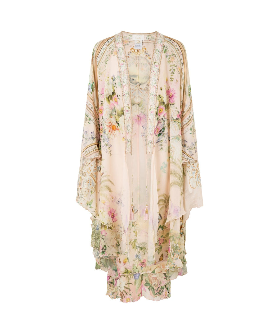 CAMILLA Palacio Playground Long Robe 00036034 showcases luxurious printed silk, a relaxed silhouette, and waist tie for an elegant, resort-ready layering piece.