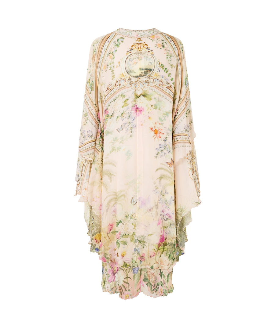 CAMILLA Palacio Playground Long Robe 00036034 showcases luxurious printed silk, a relaxed silhouette, and waist tie for an elegant, resort-ready layering piece.