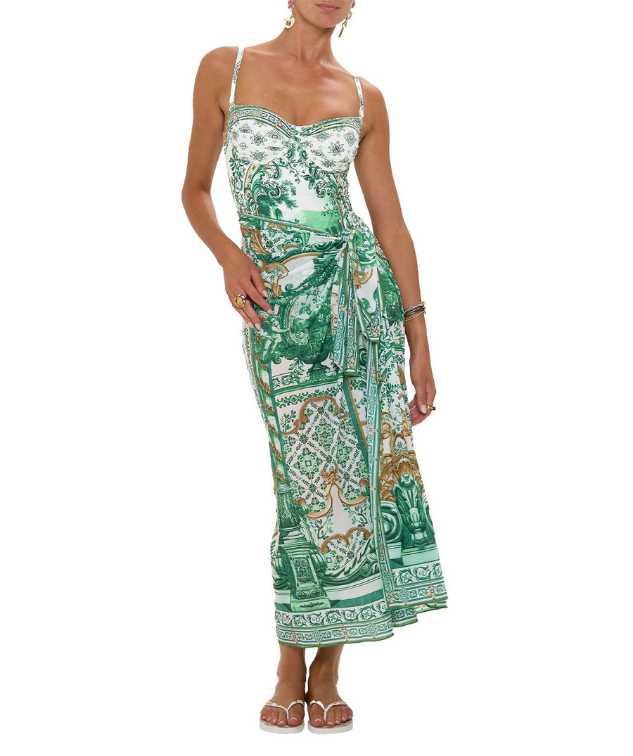 CAMILLA Corridor Of Calm Long Sarong 00036225 – A stylish long sarong featuring a vibrant print, soft lightweight fabric, and versatile styling for beachside elegance.