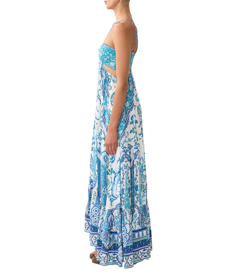 The CAMILLA Isnik Lullaby Cut Out Dress 00036545 showcases bold prints, waist cut-outs, and crystal embellishments—perfect for statement summer style.