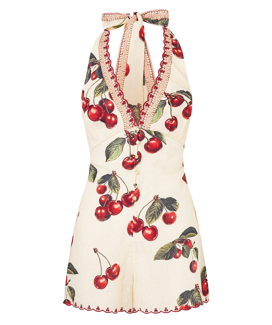 CAMILLA Notes From The Road Halter Playsuit 00036586 – A boho-luxe piece with vibrant prints, perfect for summer escapes. Limited edition.